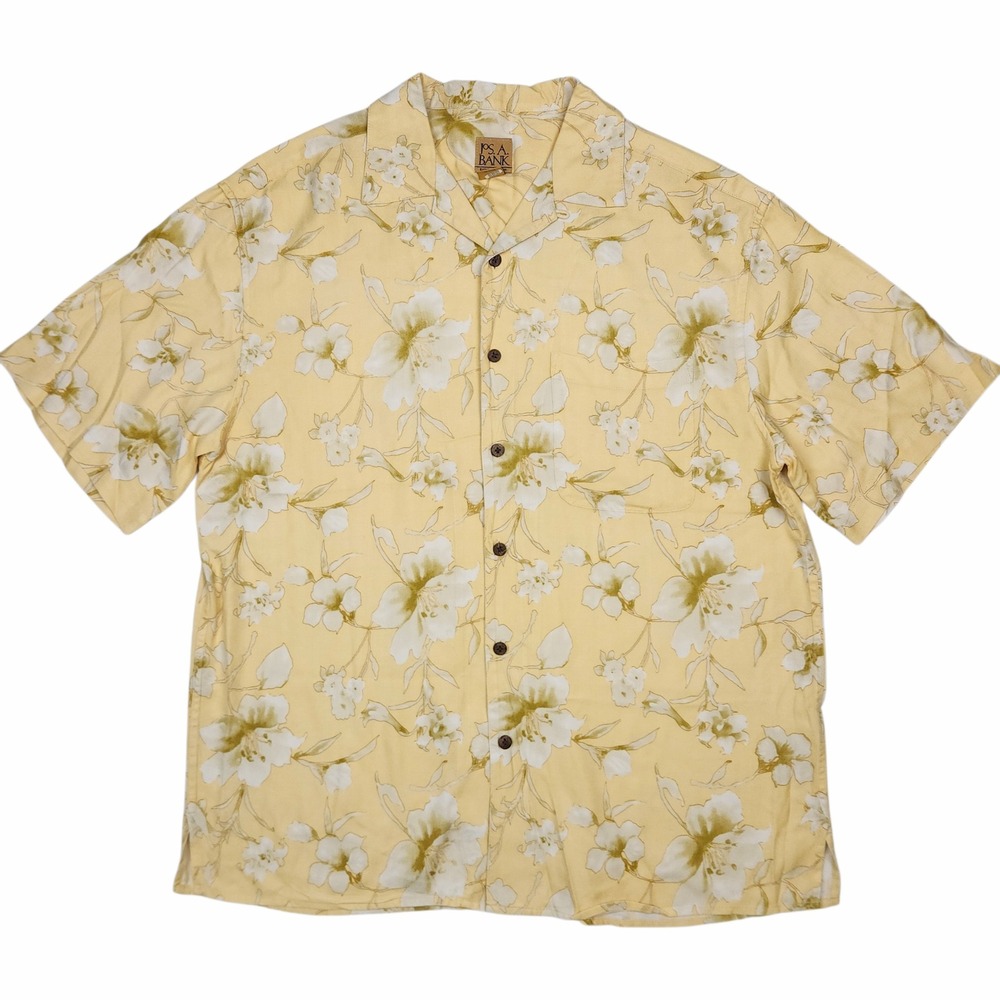 Jos A Bank 100% Silk Short Sleeve Button Down Shirt Sz L Yellow Floral  Hawaiian
